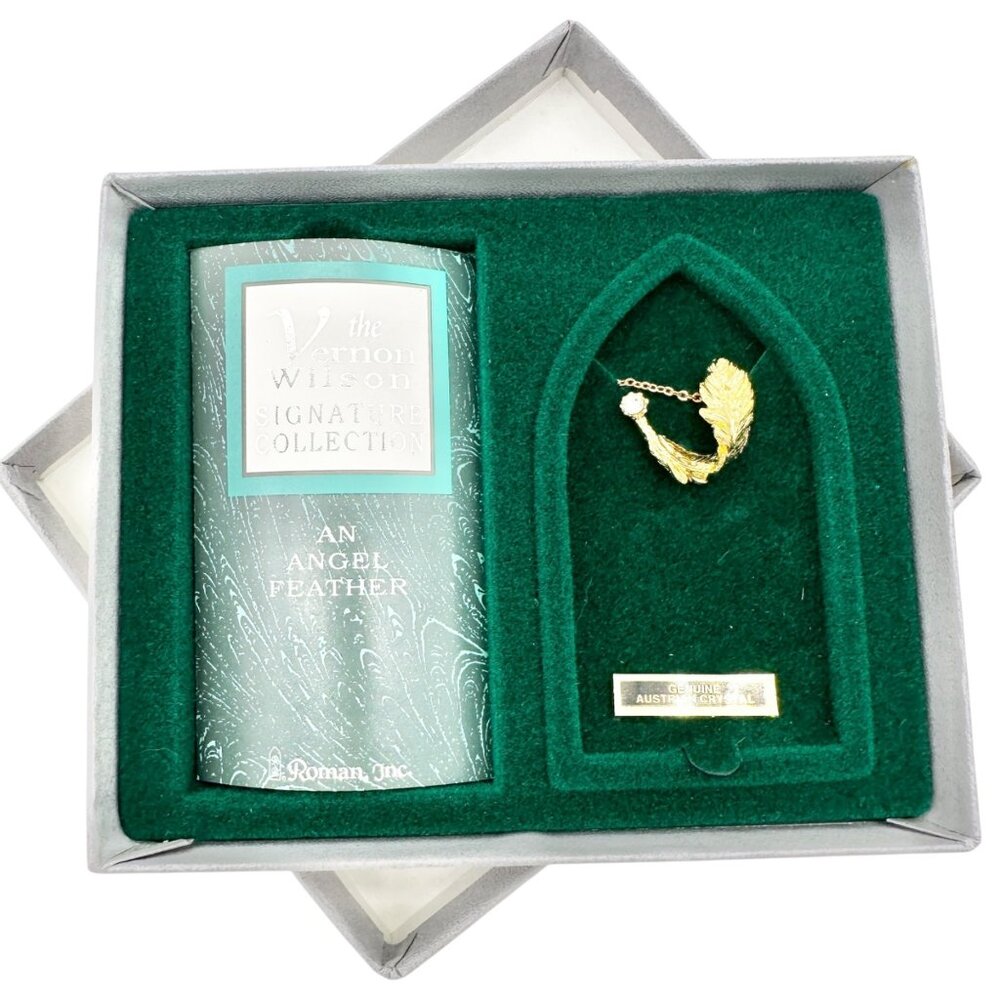 Angel Feather Necklace Austrian Crystal Gold Tone Vernon Wilson Signature in Box